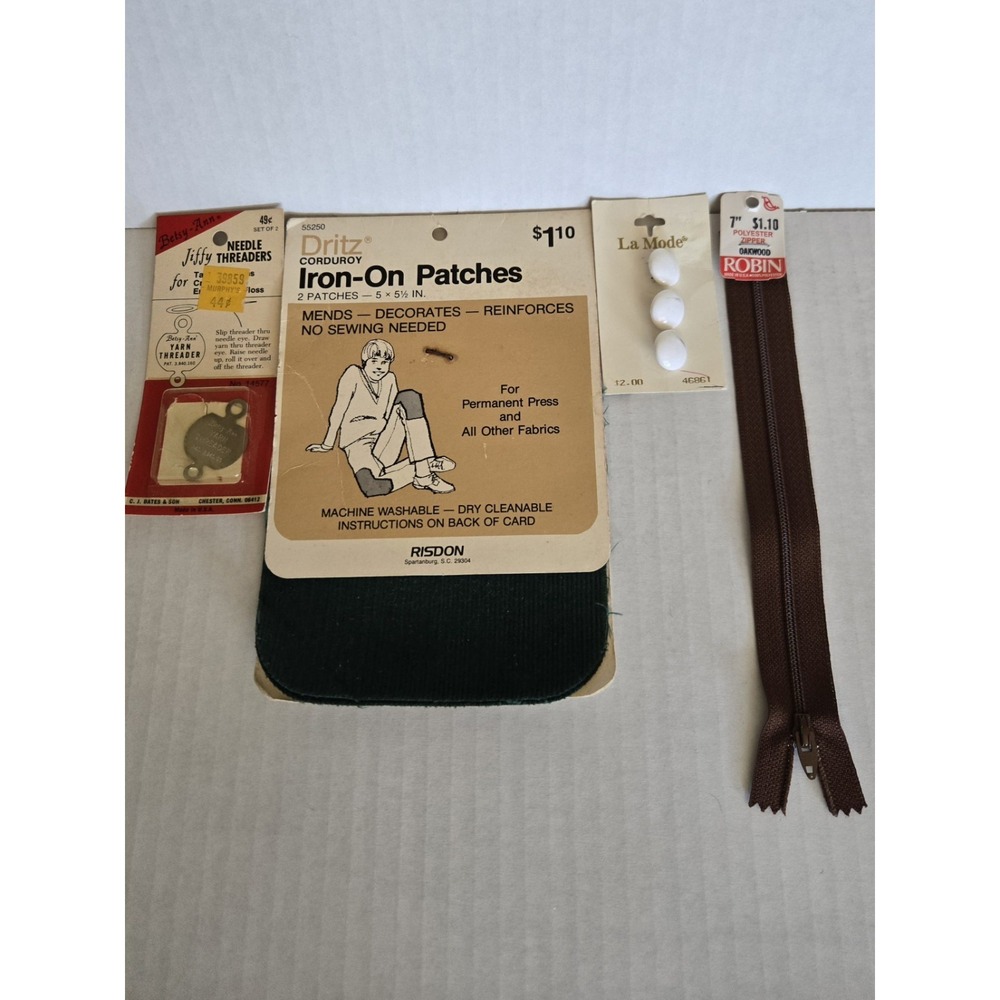 Lot Vintage Craft Supplies. Zipper,  Needle Threader, Buttons And Iron On Patch